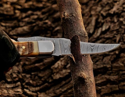 ,Handcrafted Damascus Steel Rus Lock Pocket Knife with, Traditional Folding Blade, Everyday carry, with leather sheath (Ram) - color: Brown