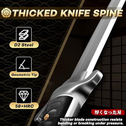 Japan Fixed Blade Knife - D2 Steel Tanto Knife with Carved Sheath - size: 8.43 Inch