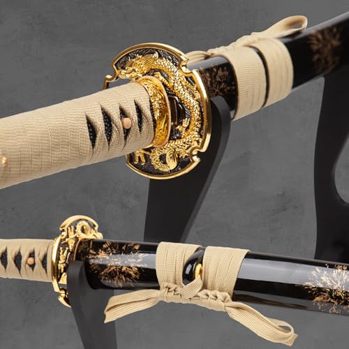 Real Samurai Sword Hand Forged with T10 Steel Clay Tempered 41-Inch - color: Golden Dragon