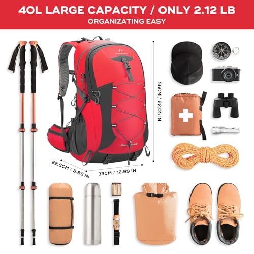 Maelstrom 40L Hiking Backpack, Lightweight Camping Daypack with Rain Cover - color: Red, size: 40l