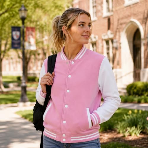 babyhealthy Men's Women's Varsity Baseball Jacket Casual Letterman Bomber Jacket Windbreaker Lightweight Jacket Coat - color: 002 Pink, size: Medium