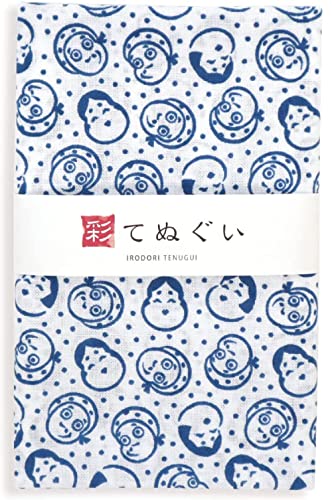 KOMESICHI irodori Japanese Traditional Towel Tenugui Okame hyottoko (White) 12.99 x 34.64 in with Tenugui Iroha (English Manual) - color: Okame Hyottoko (White)