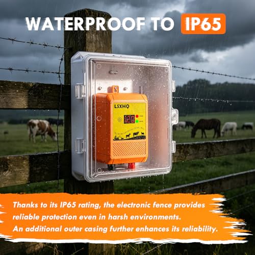 6.2 Miles(10KM) 12KV 2 Joule Electric Fence Energizer Kit, 6-Mile Fence Charger with 656 FT (200m) Polywire & 50 Ring Insulators, Livestock, Farm & Garden Protection, Orange Set
