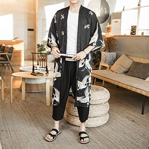 Seidarise Men's Haori, Long Kimono Cardigan Jacket Japanese Style Flying Crane Seven Sleeves Open Front Coat - color: Black, size: Medium