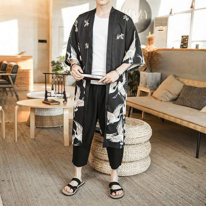 Seidarise Men's Haori, Long Kimono Cardigan Jacket Japanese Style Flying Crane Seven Sleeves Open Front Coat - color: Black, size: Medium