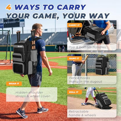 Rolling Baseball Bag with Wheels, 70L Baseball Backpack - color: Grey