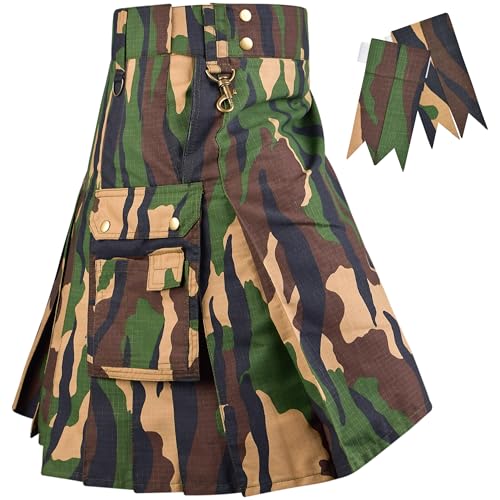 Camouflage Utility Kilt for Men – Rugged Ripstop Cotton Tactical mens kilt with Brass Hardware - size: 32
