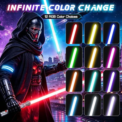 Light Saber, Heavy Dueling Light Sabers 2 Pack, 12 RGB Colors 16 Sound Fonts with Metal Hilt Double-Bladed Light Saber Smooth Swing Motion Control 2 in 1 Light Sabers for Adults
