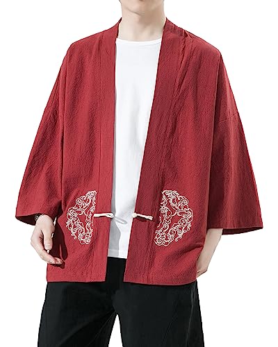 Mens Kimono Cardigan Cotton Linen Japanese Shirt 3/4 Sleeve Haori Yukata - color: 31-red, size: X-Large