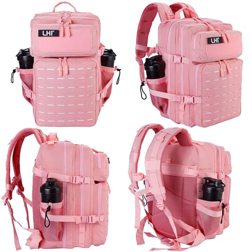 LHI Tactical Military Backpack for Men 25L/45L Large Molle Army Assault Pack 3 Day Hiking Rucksack With Bottle Holder - color: Pink, size: 45L