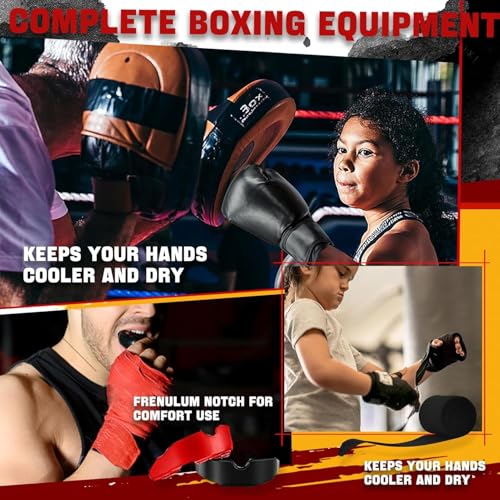 14 Pcs Boxing Set Boxing Equipment Set for Beginners Including 2 Pair of 6 oz Boxing Gloves Headgear Helmet Hand Wraps Mouth Guards Gifts Training Equipment - color: Black & Blue