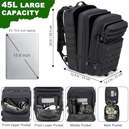 45L Large Tactical Backpack Military MOLLE 3 Day Bug Out Bag - color: Black