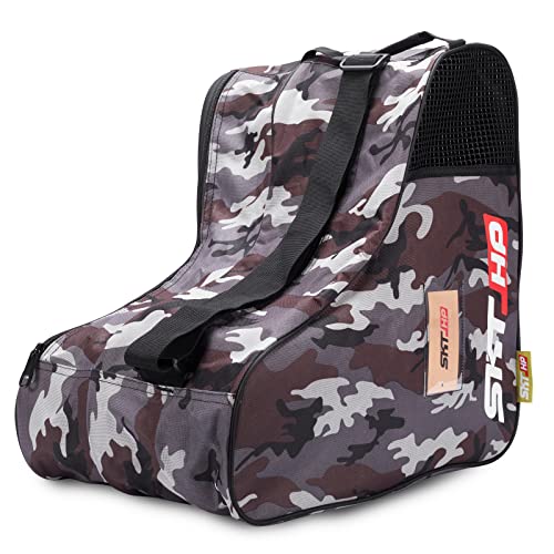 Roller Skate Bag with Adjustable Shoulder Strap for Kids and Adults to Hold Inline Skates and Knee Pads - color: Camo Grey