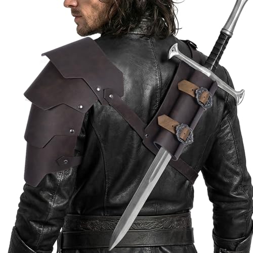 Medieval 2-in-1 Shoulder Armor with Back Sword Frog for LARP Cosplay - color: Dark Brown a