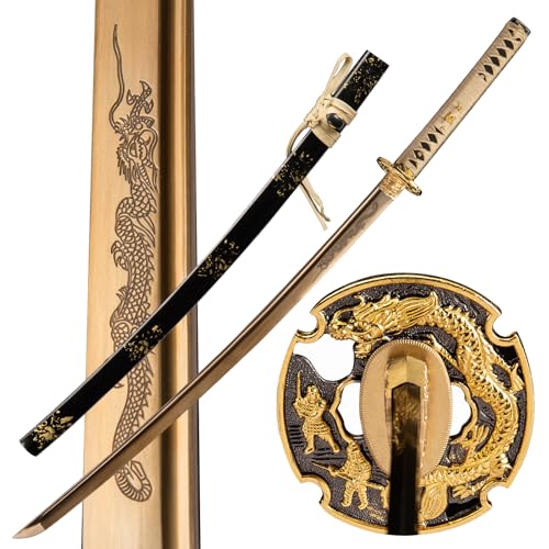 Handmade Japanese Katana Sword Real - Authentic Hand Forged Full Tang 1060 High Carbon Steel Samurai Swords for Martial Arts, Collection & Display, 40.5-Inch - color: Golden Dragon