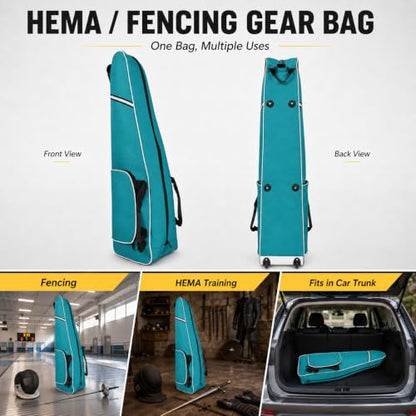 Fencing Bag with Wheels, Rolling Fencing Bag for Foil Epee Saber, Long Sword Carrier for HEMA and Fencing Gear, Side Pocket and Carry Handles - color: Lake Blue