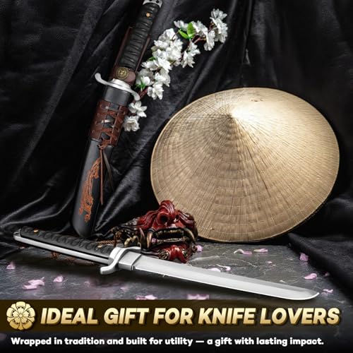 Japan Fixed Blade Knife - D2 Steel Tanto Knife with Carved Sheath - size: 8.43 Inch