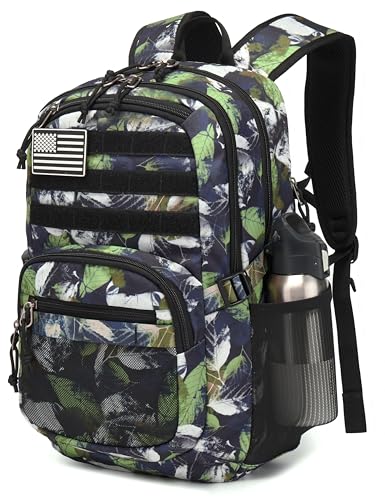 Wotony Military Tactical Backpack for Men Army 3 Days Assault Pack Bag with Molle System for Outdoor Adventures (green leaves, 30L) - color: Green Leaves, size: 30L
