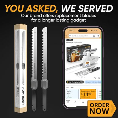 Homaider Electric Knife for Meat Slicing 2 Blades, Carving Fork & 6 Ft Cord - size: Knife