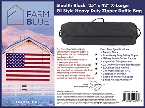 Farm Blue GI Style Zipper Duffel Bag - Large Heavy Duty Army Duffle Bag - Military Grade Cotton Canvas Duffel Bag - Reinforced Camping Bag - Strong Zipper, Center Grab Handle –21” x 36” - Black - color: Black, size: Large