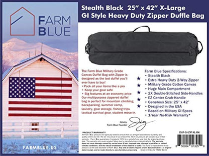 Farm Blue GI Style Zipper Duffel Bag - Large Heavy Duty Army Duffle Bag - Military Grade Cotton Canvas Duffel Bag - Reinforced Camping Bag - Strong Zipper, Center Grab Handle –21” x 36” - Black - color: Black, size: Large