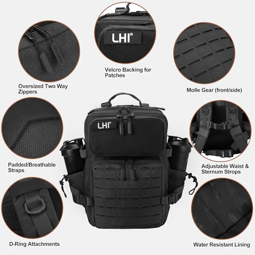 LHI Tactical Military Backpack for Men 25L/45L Large Molle Army Assault Pack 3 Day Hiking Rucksack With Bottle Holder - color: Black, size: 25L