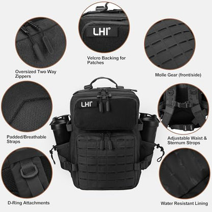 LHI Tactical Military Backpack for Men 25L/45L Large Molle Army Assault Pack 3 Day Hiking Rucksack With Bottle Holder - color: Black, size: 25L
