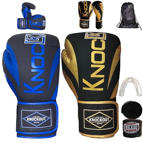 Knockout Elite Boxing Gloves 2 Pair Set, Complete Kit with Hand Wraps, Bag Pack, and Mouth Guard - Size 8oz-16oz-All Color Available - color: Blue / Golden, size: 16 oz
