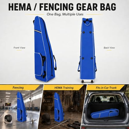Fencing Bag with Wheels, Rolling Fencing Bag for Foil Epee Saber, Long Sword Carrier for HEMA and Fencing Gear, Side Pocket and Carry Handles - color: Blue