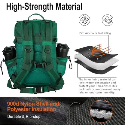 LHI Tactical Military Backpack for Men 25L/45L Large Molle Army Assault Pack 3 Day Hiking Rucksack With Bottle Holder - color: Dark Green, size: 45L