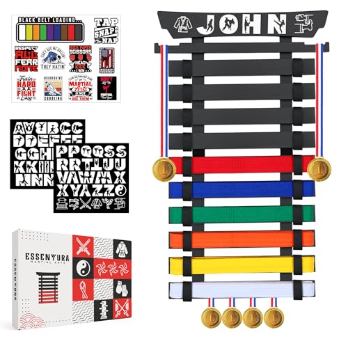 10/12 Belts Karate Belt Display Rack, Pure Bamboo Wood, Themed Stickers, Medal Hangers - Taekwondo Belt Display, Jiu Jitsu, BJJ, Martial Arts - color: BLACK, style: 10 BELTS