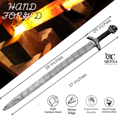 Qepaa Crafts®Handmade Damascus Steel Real Viking Style Sword | Full Tang Blade with Wooden Handle and Scabbard | Collectible Medieval Replica|Gift for him - color: Black Sword