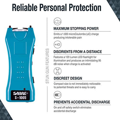 SABRE 2-in-1 Stun Gun and Flashlight and Belt Holster, Emits 1.60 Powerful Pain Inducing Microcoulombs (µC) Charge, 120 Lumen LED Flashlight, Rubberized Grip, Compact Design, Rechargeable - color: Turquoise