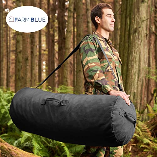 Farm Blue GI Style Zipper Duffel Bag Black - XL Heavy Duty Army Duffle Bags - Military Grade Cotton Canvas Duffle Bag - Reinforced Camping Bag - Strong Zipper & Center Grab Handle (Black, XL) - color: Black, size: XL