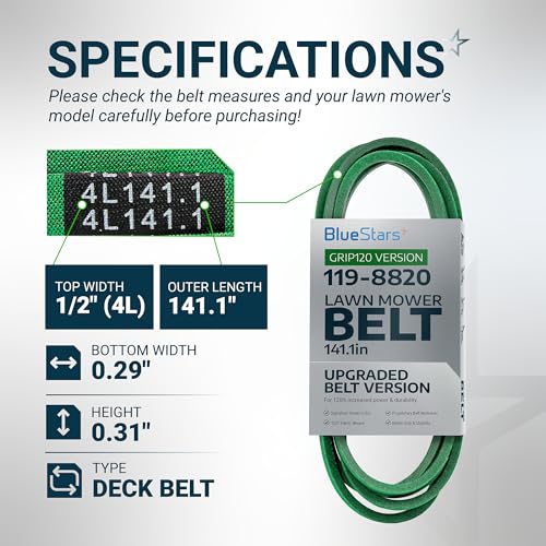 [Upgraded Grip120] BlueStars 119-8820 Deck Belt 1/2" x 141.1" - size: 119-8820, style: Grip120