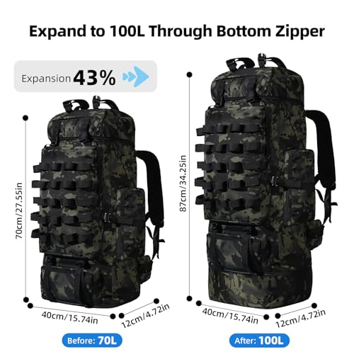 70L/100L Camping Hiking Backpack with Rain Cover, Expandable Large Military Tactical Backpack, Waterproof Molle Rucksack Travel Backpacking Daypack for Climbing Trekking (Black CP) - color: Black Cp