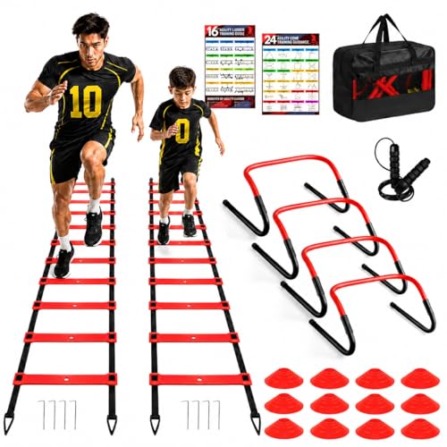 BORNEW 2 Pack Agility Ladder, Soccer Speed Training Equipment Set - color: 4.Red
