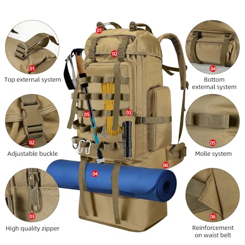 70L/100L Camping Hiking Backpack with Rain Cover, Expandable Large Military Tactical Backpack, Waterproof Molle Rucksack Travel Backpacking Daypack for Climbing Trekking (Khaki) - color: Khaki