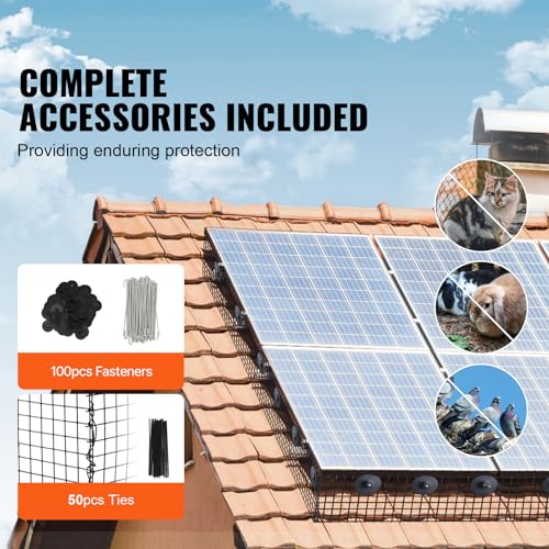VEVOR 6 inch x 100ft Solar Panel Bird Guard, Critter Guard Roll Kit with 100pcs Aluminum Alloy Fasteners, Solar Panel Guard with Rust-Proof PVC Coating, Max 1/2 inch Wire Roll Mesh - size: 6in x 98ft with 100pcs Fasteners, 50pcs Tie Wires