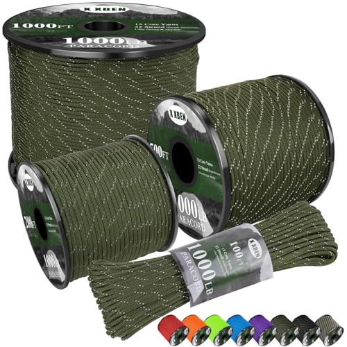 X XBEN Paracord Reflective 1000lb, 50/100/200/500/1000ft 4mm, 13 Strand Paracord Rope, Tactical Parachute Cord for Camping, Fishing, Clothesline, Hammock, Tent & Survival Bracelet, Army Green - color: Army Green, size: 1000ft