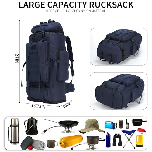 100L Hiking Camping Backpack MOLLE Rucksack Waterproof Daypack (Blue) - color: Blue
