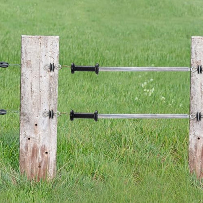 Hicarer 8 Set Electric Fence Gate Kit with Spring Handles & Screw-in Ring Insulators, 16ft Retractable Tension Spring for Farm, Ranch, Garden, Heavy Duty Black Electric Fencing Accessories for Safety