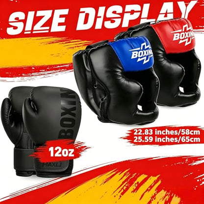12pcs Boxing Headgear, guantes de boxeo,Mouth Guards& Hand Wraps Boxing Equipment Set - PU Leather Boxing Protective Gear for Training, Sparring & MMA，Boxing Gloves - size: 12oz