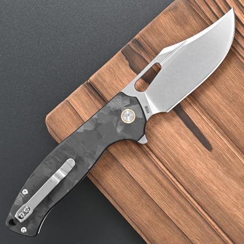 FF25 Folding Knife, DC53 Steel Blade Carbon Fiber Handle with Pocket Clip for Outdoor Camping Fishing Working Survival EDC (Black) - color: Black