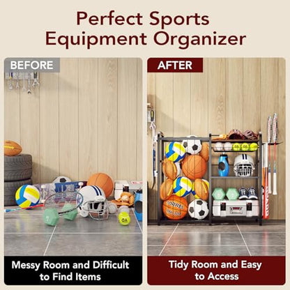 Homsorout Garage Sports Equipment Organizer, Ball Storage for Gear and Toys, Large Capacity, Sports Organizer for Garage with Hooks and Baskets