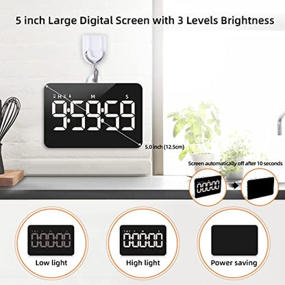 Rechargeable Digital Kitchen Timer for Cooking, Magnetic Timers with Countdown/up, Kids Timer with 5”LED Display 3 Brightness 4 Volume Adjustable for Classroom/Office/Home/Work/Study/Fitness/Game - color: Black+white