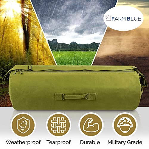 Farm Blue GI Style Zipper Duffel Bag OD - L Heavy Duty Army Duffel Bags - Military Grade Cotton Canvas Dufflebag - Reinforced Camping Bag - Strong Zipper & Center Grab Handle - 21" x 36" - Olive Drab - color: OD Green, size: Large