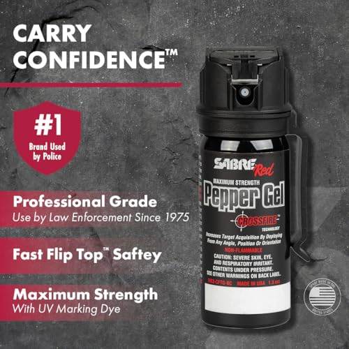 SABRE Crossfire Pepper Gel - 360° Spray for Defense at Any Angle, Maximum Strength Police-Grade OC Pepper Spray with UV Marking Dye, 20‑Foot Tactical Range, Fast Flip Top Safety, Belt Clip, 1.5 fl oz - color: Black Pepper Gel 1 Pack