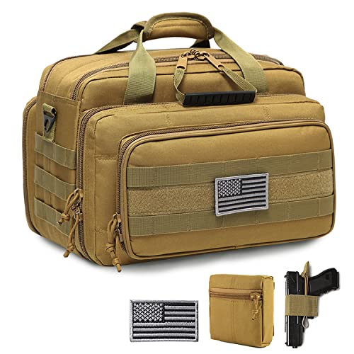 Gun Case Bag Deluxe Medium Size | Tactical 2~4 Pistol Bag Firearm Shooting Case with Lockable Zipper for Shooting Range Outdoor Hunting | US Flag Patch + MOLLE Pouch + Universal Holster Included - color: Brown