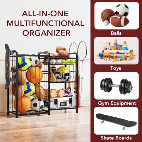 Homsorout Garage Sports Equipment Organizer, Ball Storage for Gear and Toys, Large Capacity, Sports Organizer for Garage with Hooks and Baskets
